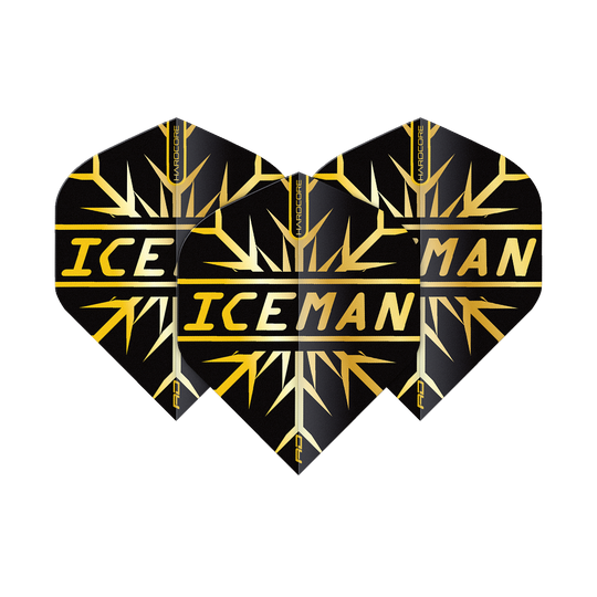 TF6844_Red_Dragon_Hardcore_Gerwyn_Price_Gold_Snowflake_Standard_Flights_1NbTZbdwTX9EOP Das Bild zeigt drei schwarze Dart-Flights mit goldenen Schneeflocken-Designs. In der Mitte steht in goldener Schrift das Wort "ICEMAN".