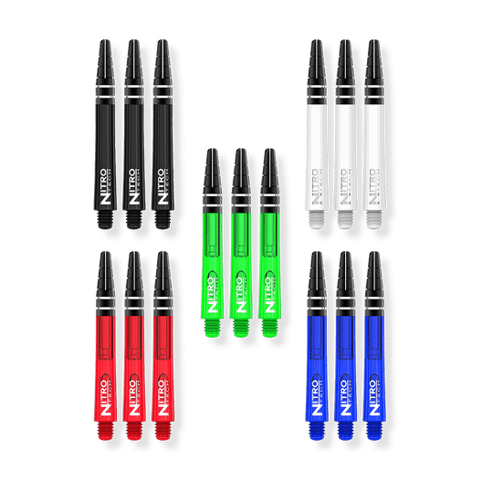 X0802_Red_Dragon_Nitrotech_Shaft_Card_Medium_2 Das Bild zeigt insgesamt fünf verschiedene Farben des Produkts "Red Dragon Nitrotech Shaft Card Medium". Jede Farbe ist in einem Set von drei Shafts angeordnet.