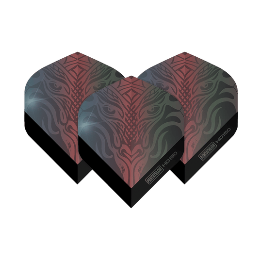 Pentathlon HD150 Metallic Gray Standard Flights Das Bild zeigt drei Pentathlon HD150 Metallic Grau Standard Flights für Dartpfeile. Die Flights haben ein auffälliges, mehrfarbiges Muster in Grau und Rot.