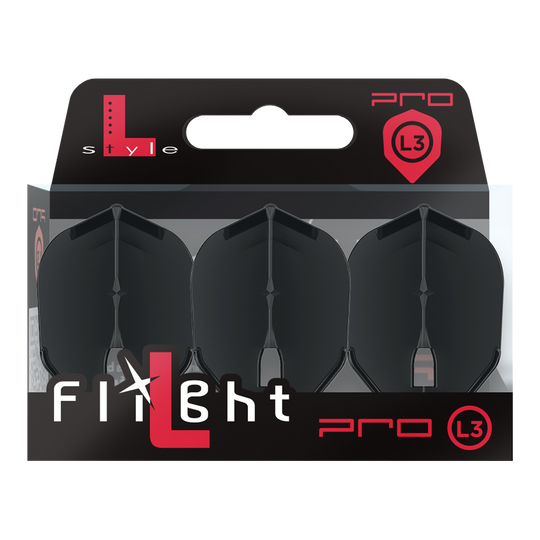 L-Style Flights Champagne - L3PRO Shape Auf dem Bild ist eine Verpackung mit drei schwarzen Dart-Flights der Marke L-Style zu sehen. Die Packung trägt die Bezeichnung „L3 PRO“ und ist modern gestaltet.