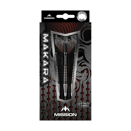 Mission Makara M2 steel darts - 23g Das Bild zeigt die Verpackung der Mission Makara M2 Steeldarts mit einem Gewicht von 23 Gramm. Die Darts bestehen zu 90 % aus Tungsten und sind ansprechend gestaltet.