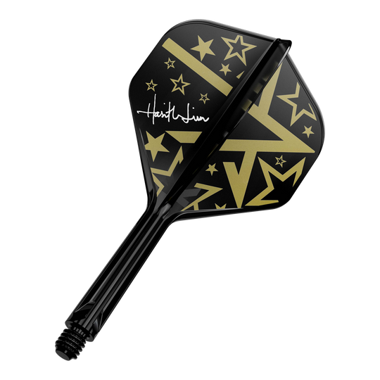 Dies ist ein schwarzer Dart-Flügel mit goldenen Sternen und Linien als Muster. Auf dem Flügel befindet sich außerdem eine weiße Unterschrift.