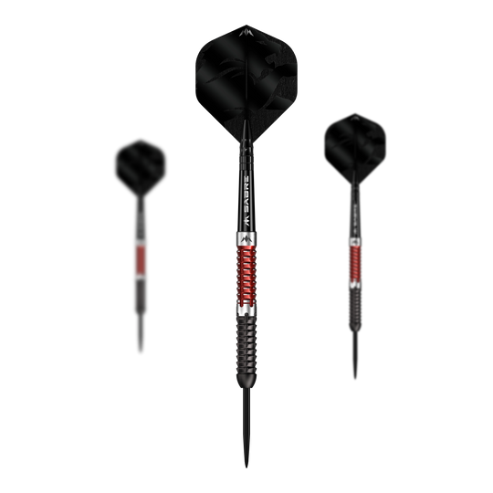 Mission Llew Bevan Black Red Electro Steeldarts - 23g. Set aus schwarzen und roten Steeldarts mit 23 Gramm.