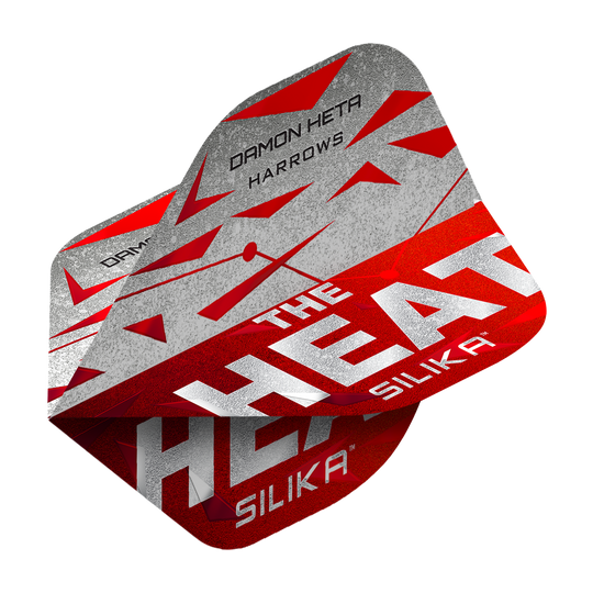 Harrow's Silika Damon Heta Series 3 Flights Das Bild zeigt die Harrows Silika Damon Heta Series 3 Flights. Die Flights sind überwiegend in Rot, Grau und Weiß gestaltet und tragen den Schriftzug "THE HEAT" sowie den Namen "DAMON HETA".