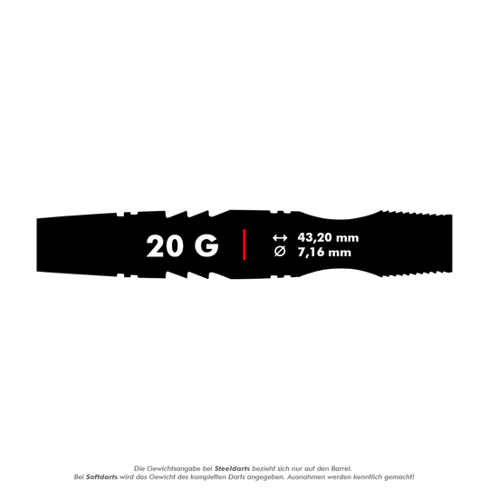 Winmau Sniper Black soft darts - 20g Das Bild zeigt den Winmau Sniper Black Softdart mit einem Gewicht von 20 Gramm. Die Länge beträgt 43,20 mm und der Durchmesser 7,16 mm.