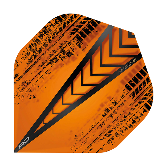 TF6333_Red_Dragon_Hardcore_Radical_Orange_Standard_Flights_13VKC7XEN0l9IN Das Bild zeigt ein Hardcore Radical Orange Standard Flight von Red Dragon. Es hat ein auffälliges orangefarbenes Design mit schwarzen Pfeil- und Musterakzenten.