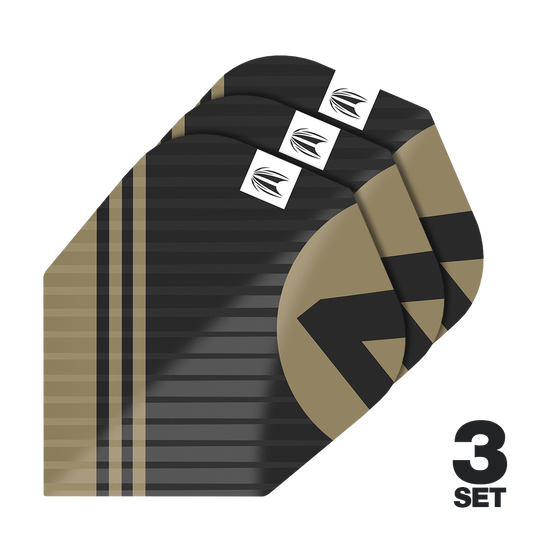 Target Pro Ultra Chicane Black No6 Flights - 3 Sets Das Bild zeigt die "Target Pro Ultra Chicane Black No6 Flights" in einem schwarz-goldenen Design. Es sind insgesamt 3 Sets der Flights abgebildet.