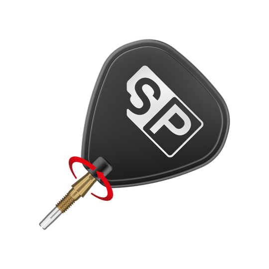 Target Swiss Storm Quartz Dart Tips - Gold Das Bild zeigt eine schwarze Dartspitze mit der Aufschrift "SP" auf einem Flight. Ein roter Pfeil markiert eine Drehbewegung an der Verbindung zwischen Spitze und Flight.