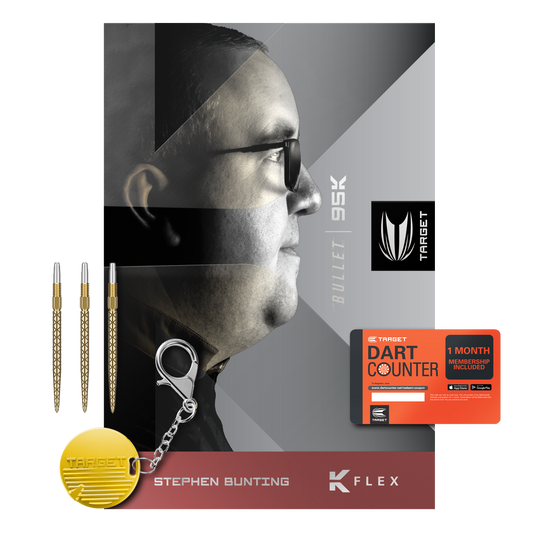 Das Bild zeigt das Produkt "Target Stephen Bunting 95K Swiss Point Steeldarts" mit drei Dartpfeilen, einem Schlüsselanhänger und einer Dart Counter-Mitgliedskarte. Auf der Verpackung ist ein Porträtfoto von Stephen Bunting abgebildet.