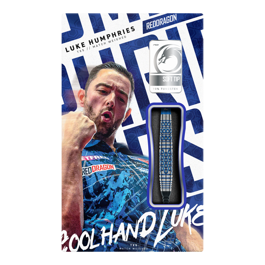 Diese Grafik stellt die Red Dragon Luke Humphries TX5 Softdarts - 20g dar. Es handelt sich um hochwertige Softdarts mit Luke Humphries Design.