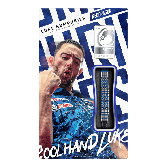 Red Dragon Luke Humphries TX5 Soft Darts - 20g Diese Grafik stellt die Red Dragon Luke Humphries TX5 Softdarts - 20g dar. Es handelt sich um hochwertige Softdarts mit Luke Humphries Design.