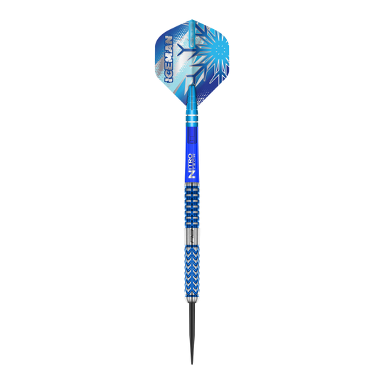 Red Dragon Gerwyn Price Glacier steel darts Das Bild zeigt einen Red Dragon Gerwyn Price Glacier Steeldart. Der Dart ist überwiegend blau und silbern mit einem eisigen, modernen Design.