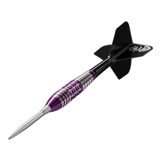 Dies ist ein Steeldart aus der Target Japan Prime Serie in der Ausführung "Tung Suk Zenith GEN1 Swiss Point" mit 23g Gewicht. Der Dart hat ein auffälliges Design mit lila und silbernen Ringen und schwarzen Flights.