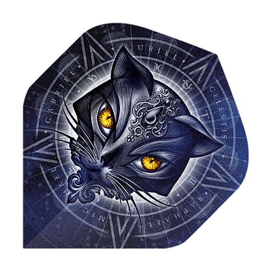 Das Bild zeigt einen stilisierten Katzenkopf mit leuchtend gelben Augen vor einem mystischen, blauen Hintergrund. Im Hintergrund sind verschiedene Symbole und Schriftzüge in einem kreisförmigen Muster angeordnet.