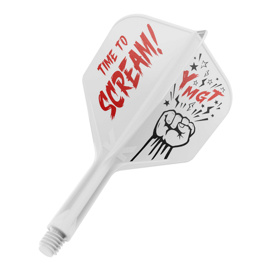 Target Japan K-Flex Scream No6 Flight Shaft System Das Bild zeigt eine Dartflügel- und Schaftkombination in Weiß mit roter und schwarzer Beschriftung. Auf dem Flügel steht "TIME TO SCREAM!" zusammen mit einer gezeichneten Faust und einigen Sternen.
