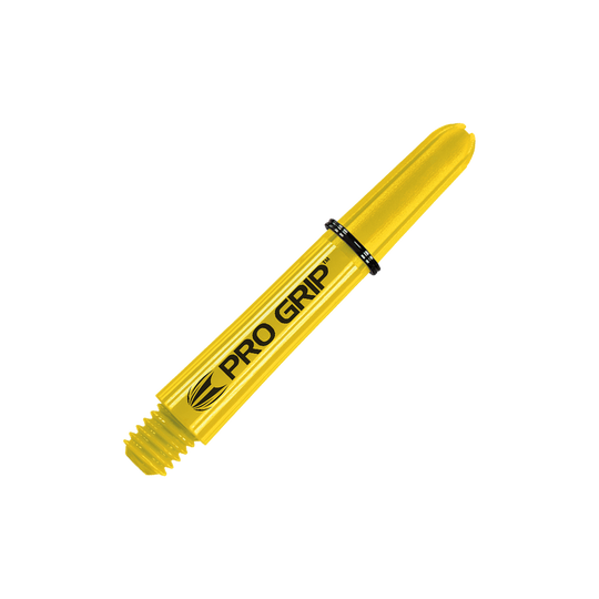 Das Bild zeigt einen gelben Dartshafts mit der Aufschrift "PRO GRIP". Der Schaft ist 34 mm lang und hat einen schwarzen Ring zur Befestigung.