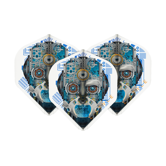 Das Bild zeigt drei Dartflights mit einem futuristischen Roboter-Design in Blau- und Grautönen. Die Flights sind von der Marke L-Style und heißen "Berry Van Peer V3 Clear White L1EZ".