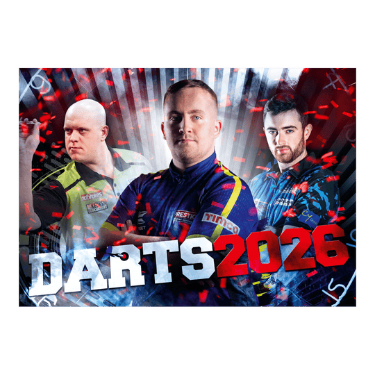 Darts Kalender 2026 Darts Kalender 2026 ist abgebildet. Der Kalender illustriert verschiedene Darts-Themen für das Jahr 2026.