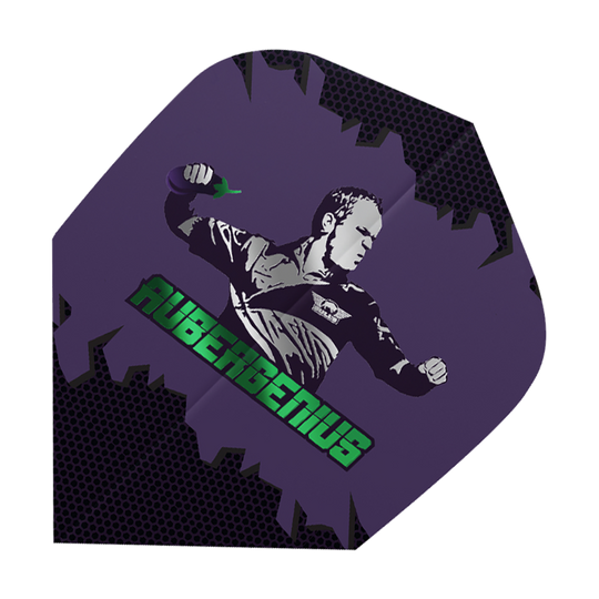 BU50878_Bulls_Powerflite_Dirk_Van_Duijvenbode_Aubergenius_Standard_Flights_1 Das Bild zeigt ein Dartflight mit einem schwarz-weißen Portrait einer Person auf lila Hintergrund. Darunter steht in grüner Schrift das Wort "AUBERGENIUS".