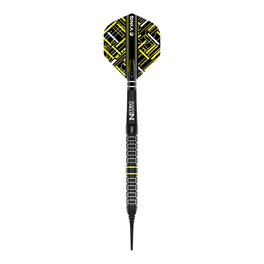 Das Bild zeigt einen Red Dragon Astraeus Q4X Parallel Softdart mit einem Gewicht von 20g. Der Dart hat schwarze und gelbe Designelemente und eine strukturierte Griffzone.