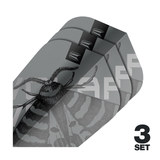 Das Bild zeigt drei Sätze Target Pro Ultra Volar Ten-X Flights in grau mit einem stilisierten Insekten-Design. In der Ecke steht "3 Set" in schwarzer Schrift.