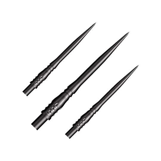 Das Bild zeigt drei schwarze Steeldart-Spitzen des Modells "Shot Cone Rocket" mit einer Länge von 35 mm. Die Spitzen sind schlank, spitz zulaufend und haben ein filigranes Design.