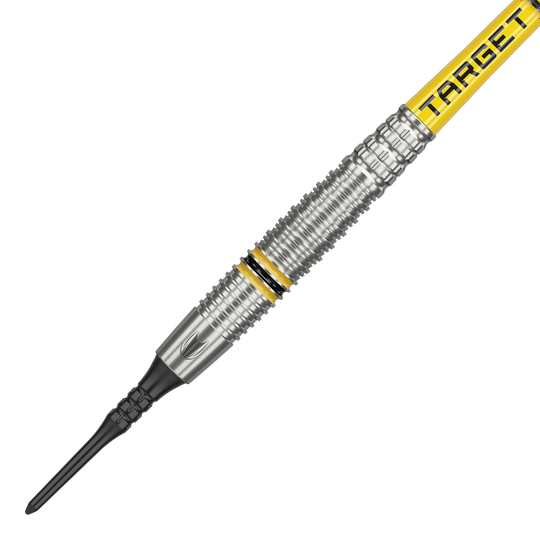 Target Scott Williams GEN2 soft darts - 18g Das Bild zeigt einen Target Scott Williams GEN2 Softdart mit einem Gewicht von 18 Gramm. Der Dart hat silberne Rillen und gelbe Akzente sowie die Aufschrift "TARGET" auf dem Schaft.