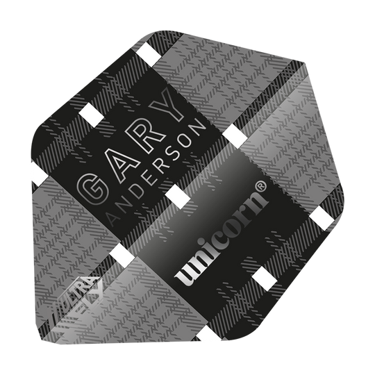 UN24_69031_Unicorn_UltraFly75_Gary_Anderson_World_Champion_Ghost_AR2_Flights_1 Das Bild zeigt ein Dart-Flight mit einem schwarz-grauen Karomuster und dem Namen "Gary Anderson". Auf dem Flight stehen außerdem die Markenbezeichnungen "unicorn" und "Ultra Fly".