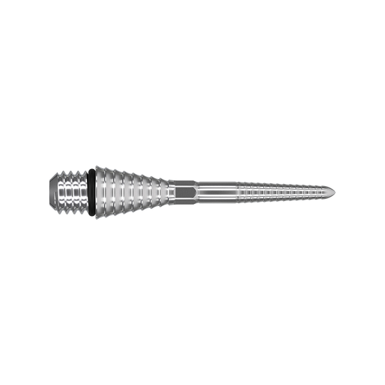 380180_Target_Titanium_Swiss_Point_Grooved_Conversion_Points_Silber_26mm_2 Auf dem Bild ist eine silberne, gerillte Dartspitze aus Metall zu sehen. Sie hat eine konische Form mit feinen Rillen und einem Sechskant am Ende.