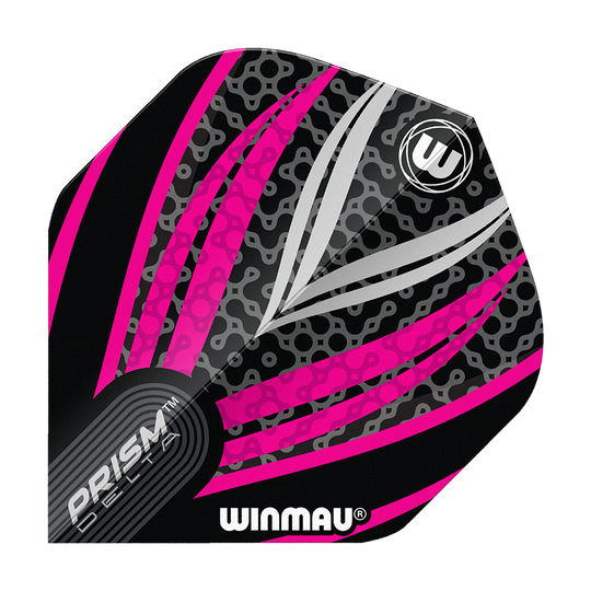 Winmau Prism Delta Black White Pink No. 2 Standard Flights Das Bild zeigt ein Winmau Prism Delta Dart Flight in den Farben Schwarz, Weiß und Pink. Das Flight hat ein modernes Muster mit Linien und dem Winmau-Logo darauf.