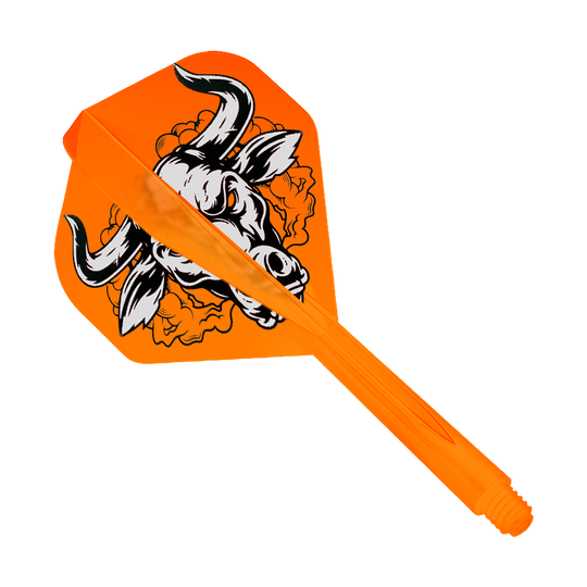 Condor Ax Aussie Bull Orange Flight System Standard Auf dem Bild ist ein orangefarbenes Dartflight-System mit einem auffälligen Bullen-Design zu sehen. Das Produkt heißt "Condor Axe Aussie Bull Orange Flight-System Standard".