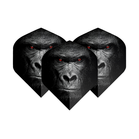 Pentathlon Flights Gorilla Das Bild zeigt drei Dart-Flights mit dem Gesicht eines Gorillas und leuchtend roten Augen. Die Flights sind das Produkt "Pentathlon Gorilla No2 Standard Flights".