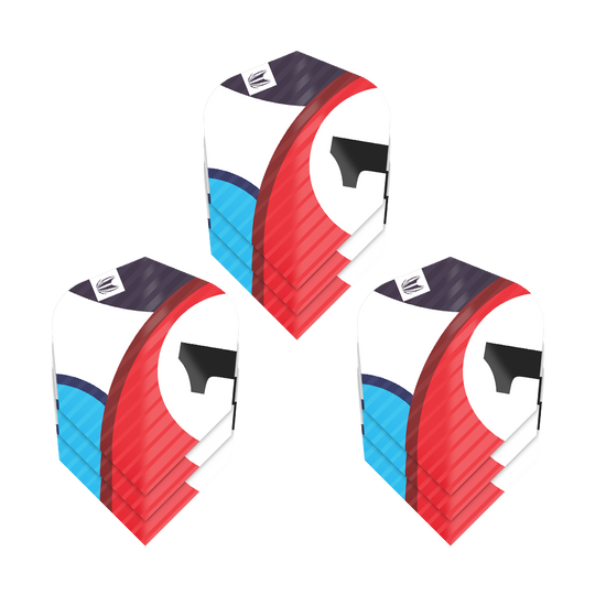 337218_Target_ProUltra_3Sets_Chicane_Blue_Ten-X_Flights_1grjF4XMmxj22l Das Bild zeigt drei Sätze der Target Pro Ultra Chicane Blue Ten-X Flights. Die Flights haben ein farbenfrohes Design mit Blau, Rot, Schwarz und Weiß.