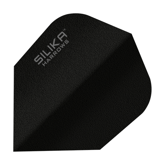 Harrows Silica Solid Tough Crystalline Coating Black No6 Flight Das Bild zeigt einen schwarzen Dartflight mit der Aufschrift "SILIKA HARROWS". Es handelt sich um das Modell "Silika Solid Tough Crystalline Coating Black No6".