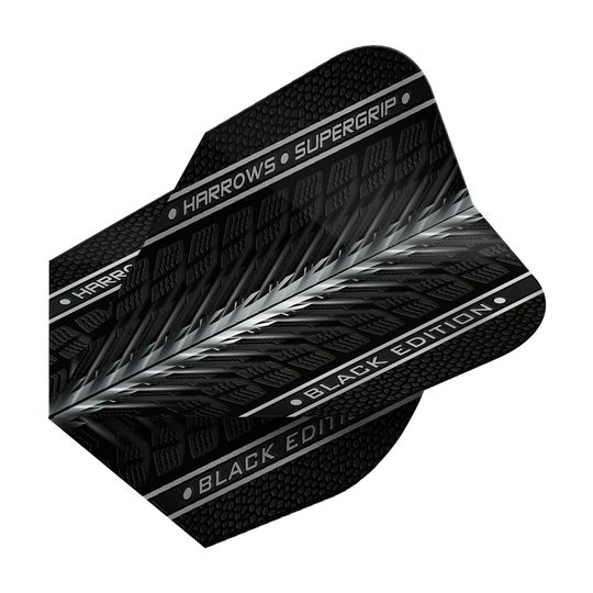 Harrows Supergrip Black Edition No6 Flights Das Bild zeigt das Produkt "Harrows Supergrip Black-Edition No6 Flights" in schwarzem Design. Auf dem Flight sind die Schriftzüge "HARROWS • SUPERGRIP" und "BLACK EDITION" zu sehen.
