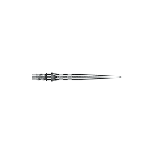 Winmau Switch Point Groove steel dart tips - Silver Effect Das Bild zeigt silberfarbene Steeldartspitzen mit Rillen, vermutlich 'Switch Point Groove Silver Effect' und 26mm lang. Die Spitzen sind für Steeldarts vorgesehen.