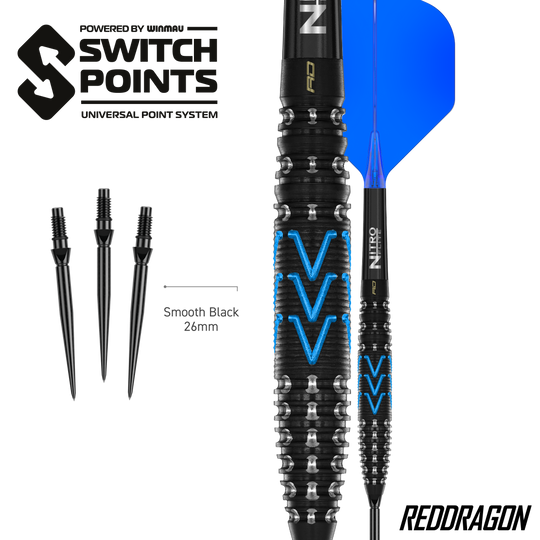 Hier sieht man die Red Dragon AMP Torpedo Switch Point Steeldarts. Diese Darts sind für präzises Werfen entwickelt worden.