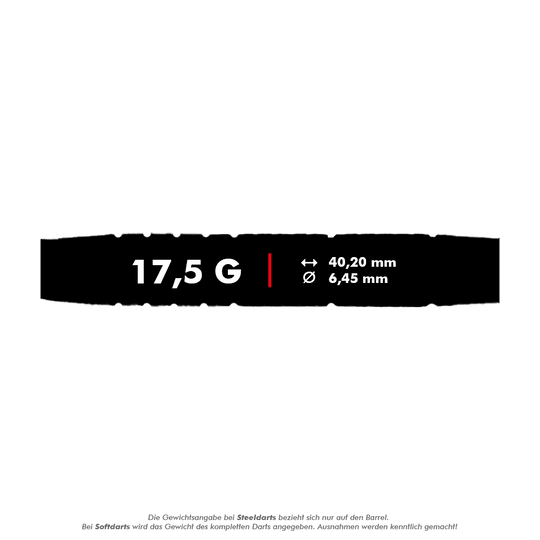 Das Bild zeigt die Produktinformationen der McDart 85er Tungsten V9 Softdarts mit einem Gewicht von 17,5 g. Die Darts haben eine Länge von 40,20 mm und einen Durchmesser von 6,45 mm.