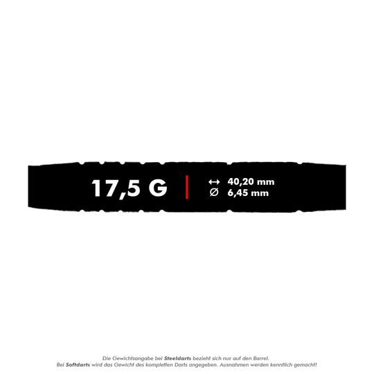 McDart 85 Tungsten V9 soft darts - 17.5g Das Bild zeigt die Produktinformationen der McDart 85er Tungsten V9 Softdarts mit einem Gewicht von 17,5 g. Die Darts haben eine Länge von 40,20 mm und einen Durchmesser von 6,45 mm.