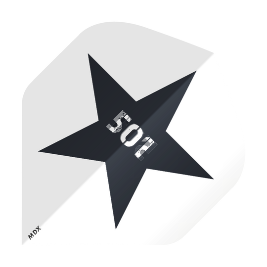 MD-650_2-Seitig_Bedruckte_Clear_Flights_Logo_oder_Bilddruck_3 Das Bild zeigt einen bedruckten Dart-Flight mit einem großen schwarzen Stern in der Mitte. In der Mitte des Sterns steht die Zahl "501", und unten links ist die Aufschrift "MDX" zu sehen.