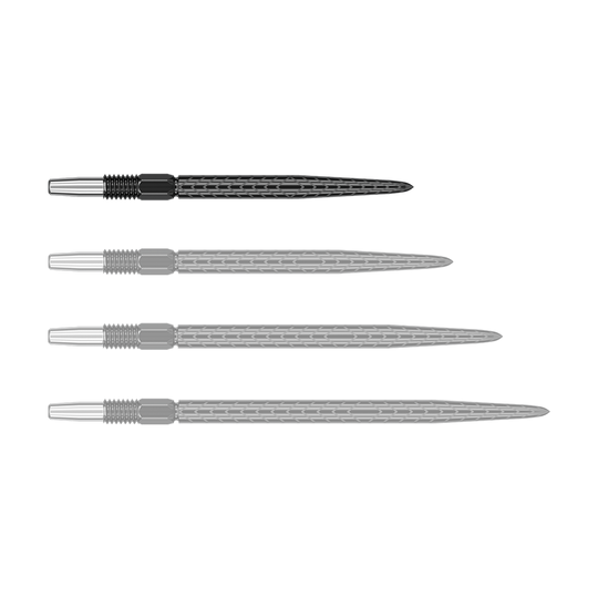 Target Swiss Point RVE dart tips - Black Auf dem Bild sind vier schwarze Dartspitzen mit silbernem Gewinde zu sehen. Sie liegen nebeneinander in einer horizontalen Reihe.
