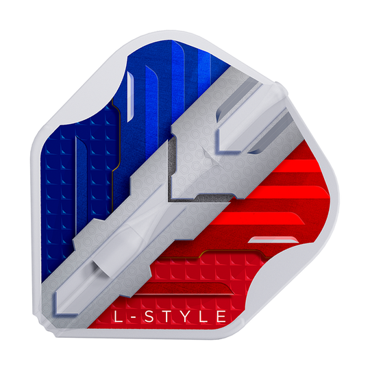 L-Style V-Series V1 Type B France Clear White L1EZ Flights Das Bild zeigt ein Dartflight mit den Farben der französischen Flagge in Blau, Weiß und Rot. Unten steht der Schriftzug "L-STYLE".