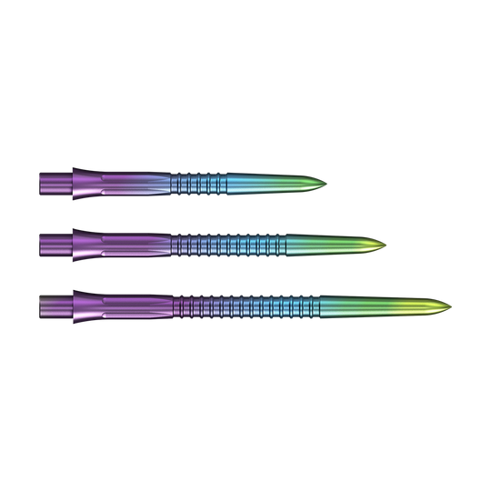 Hier sind die Mission Caliburn EVO Dartspitzen GV1 in Rainbow-Farben abgebildet. Sie bieten ein auffälliges Design für Dartspieler.