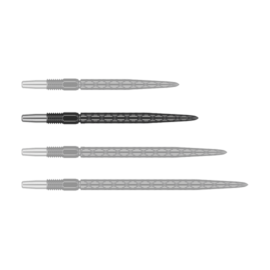 Das Bild zeigt vier schwarze Dartspitzen mit silbernem Gewinde, die nebeneinander liegen. Die Spitzen haben eine rautenförmige Struktur entlang des Schafts.