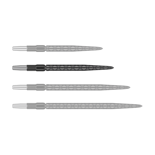 Target Swiss Diamond Pro Black Points dart tips Das Bild zeigt vier schwarze Dartspitzen mit silbernem Gewinde, die nebeneinander liegen. Die Spitzen haben eine rautenförmige Struktur entlang des Schafts.