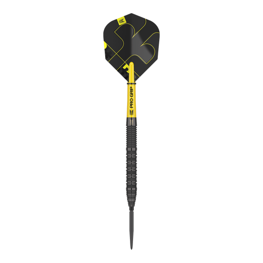 Das Bild zeigt einen Target Bolide Void 01 Swiss Point Steeldart. Der Dartpfeil ist schwarz-gelb und hat eine strukturierte Griffzone.