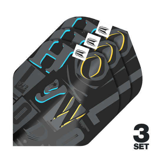 Target Pro Ultra Chris Dobey No2 Standard Flights - 3 Sets Das Bild zeigt drei Sets der Target Pro Ultra Chris Dobey No2 Standard Flights. Die Flights sind schwarz mit bunten Akzenten und moderner Grafik gestaltet.