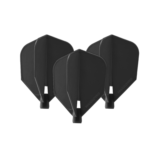 HRC-100_Harrows_Clic_Standard_Flight_Black_1a1zsfdYqd88dl Das Bild zeigt drei schwarze Harrows Clic Standard Flights für Dartpfeile. Sie sind schlicht gestaltet und eignen sich ideal für den professionellen Dartsport.