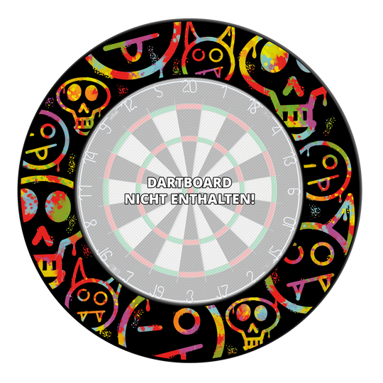 McDart Graffiti Emojis Dartboard Surround Abgebildet ist ein Dartboard Surround mit bunten Smiley-Graffiti. Diese Umrandung dient dem Schutz beim Darts-Spielen.