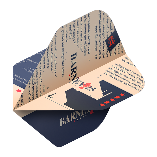 Target ProUltra Raymond Van Barneveld Barney25 Standard Flights Das Bild zeigt einen Target ProUltra Raymond Van Barneveld Barney25 Standard Flight für Darts. Das Design ist in Blau und Beige gehalten und enthält Sterne sowie den Schriftzug "Barney25".